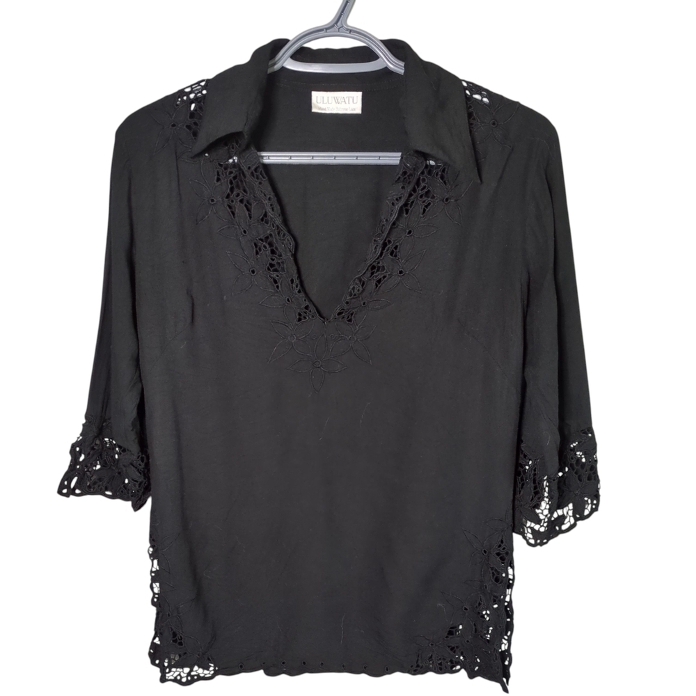 Uluwatu Black Blouse Balinese handmade‎ lace embroidery Size XS